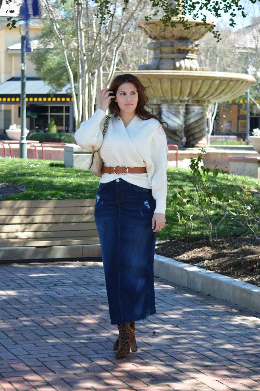 Ambrie Slightly Distressed Maxi Length Dark Denim Skirt