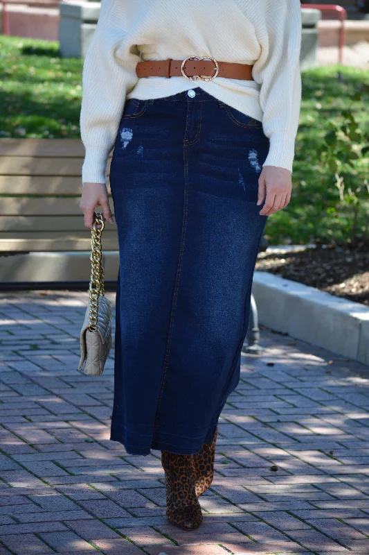 Ambrie Slightly Distressed Maxi Length Dark Denim Skirt