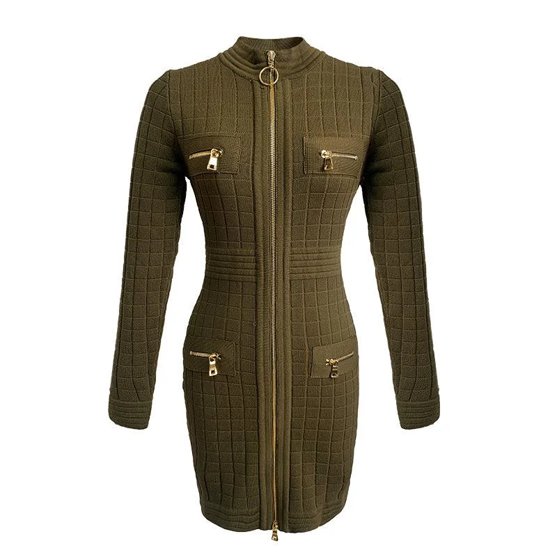 Army Green Knitted Front Zipper Mini Dress