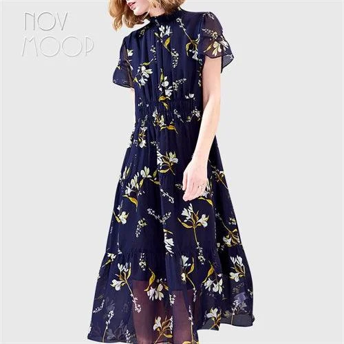 Autumn Blue Elegant Floral Print Elastic Waist 100% Silk Dress