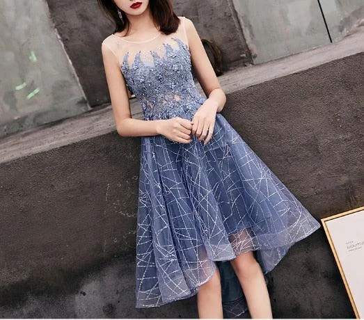 Blue Elegant Sequins Tea Length Summer Sleeveless Midi Dress