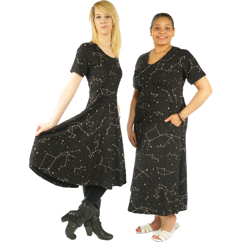 Constellations Glow-in-the-dark Short Sleeve Long Midi Dress (With Waist Seam)