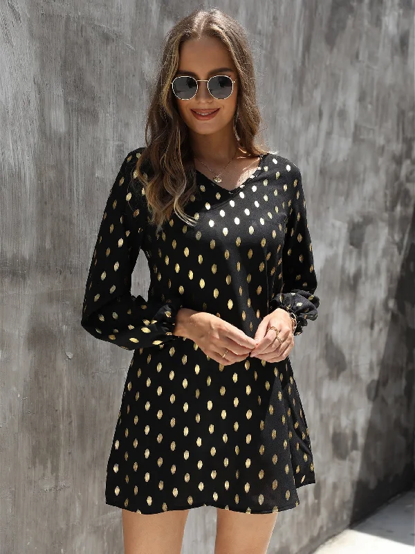 MegaBetty - Golden Dot Print Lantern Sleeve Dress