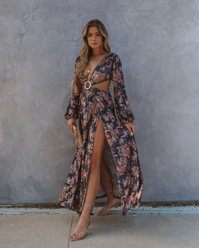 D0410TA56 Vacation Style Sexy V-neck Floral Print Slit Maxi Dress Women Sehe Fashion