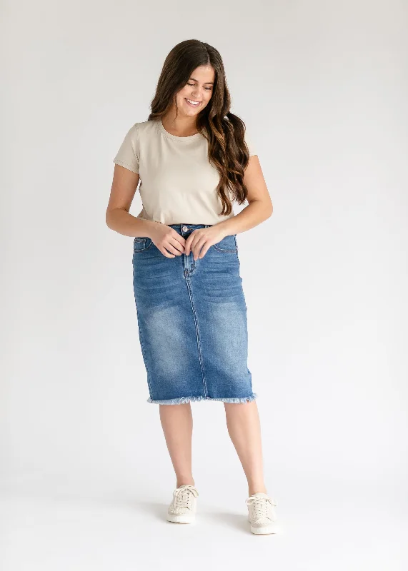 Drew Raw Hem Midi Denim Skirt