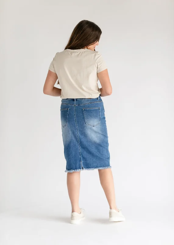 Drew Raw Hem Midi Denim Skirt