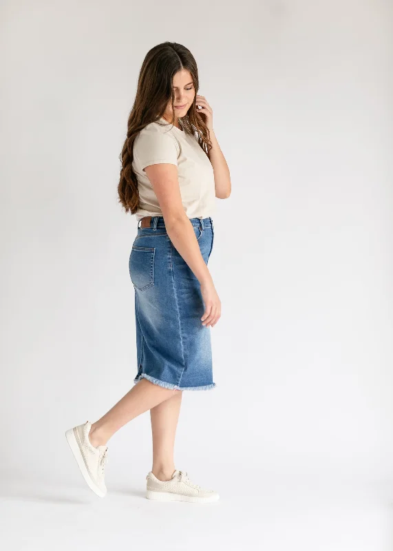 Drew Raw Hem Midi Denim Skirt