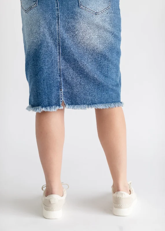 Drew Raw Hem Midi Denim Skirt