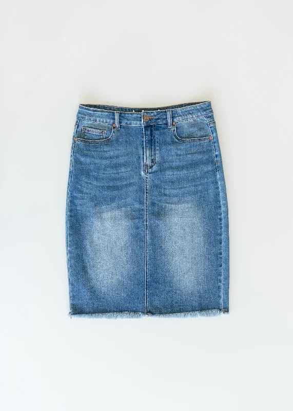 Drew Raw Hem Midi Denim Skirt