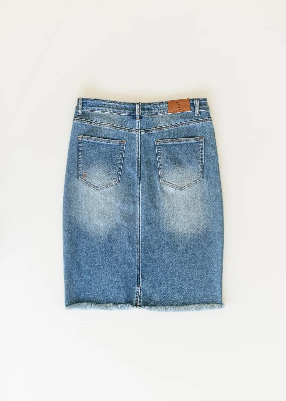 Drew Raw Hem Midi Denim Skirt