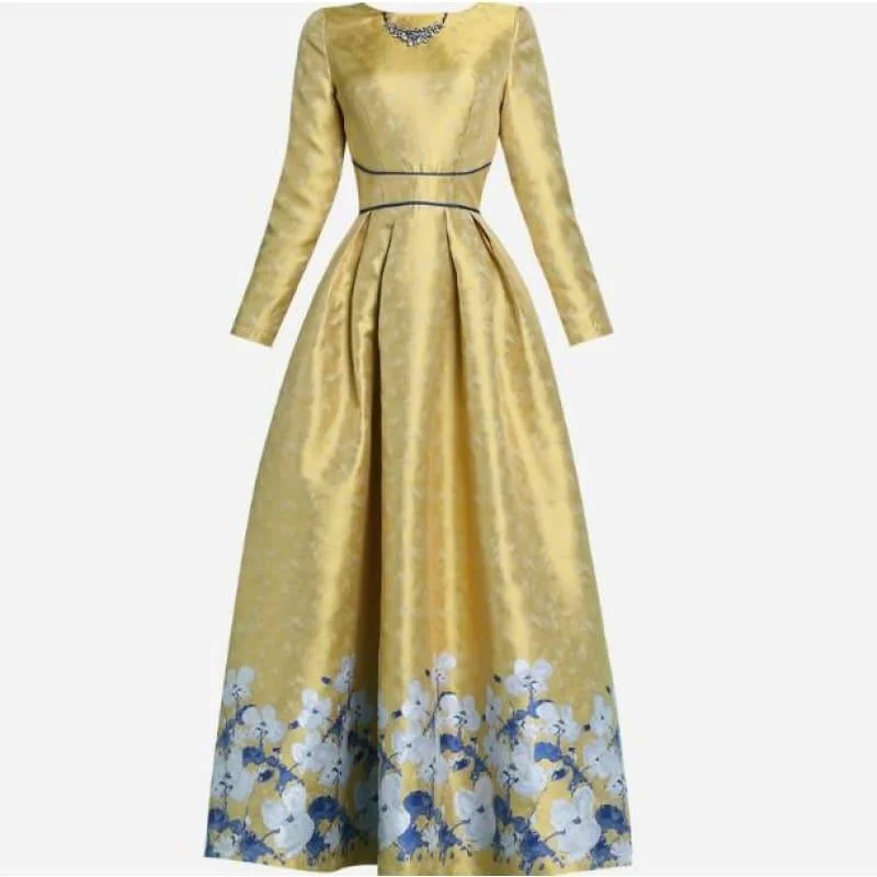 Elegant  Luxury Jacquard Vintage Retro Long Sleeve Slim Maxi Dress