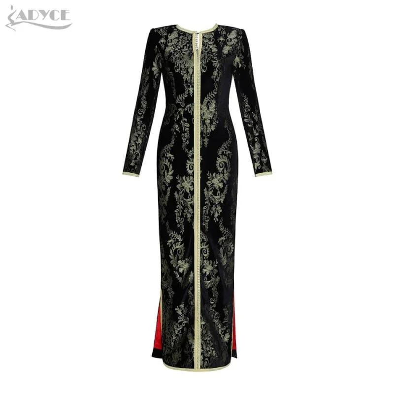 Gold and Black Luxury Formal Evening Party Sexy Long Sleeve Maxi Dress