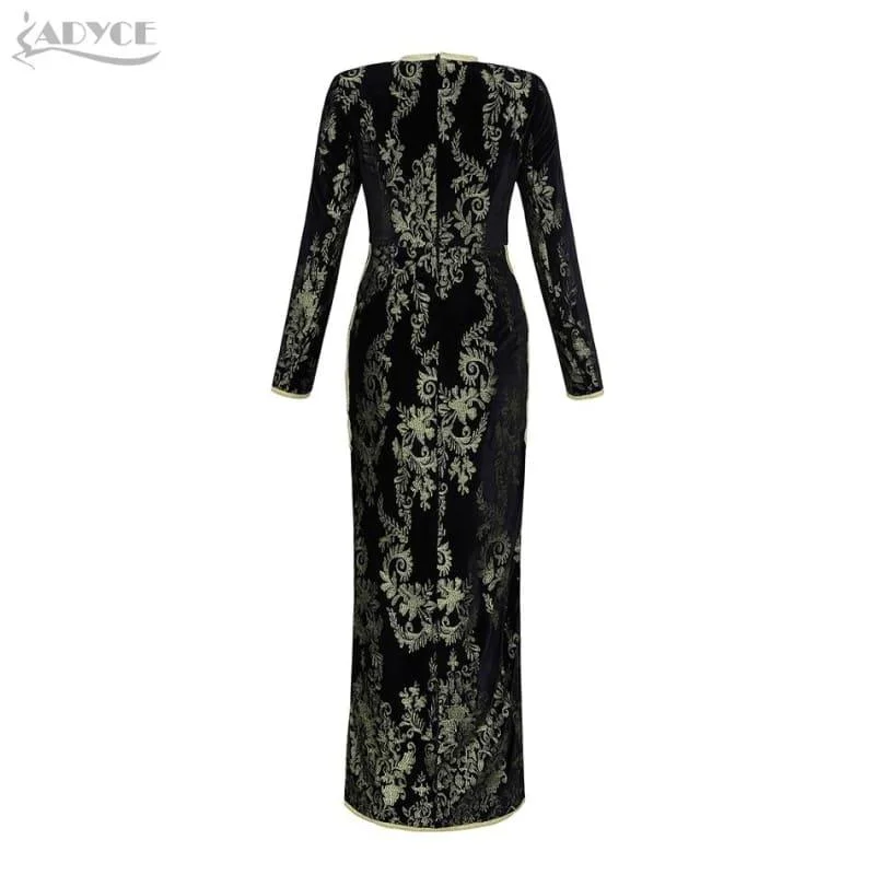 Gold and Black Luxury Formal Evening Party Sexy Long Sleeve Maxi Dress