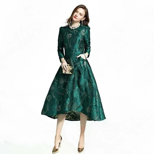 Green Floral Elegant Jacquard Tail Dress