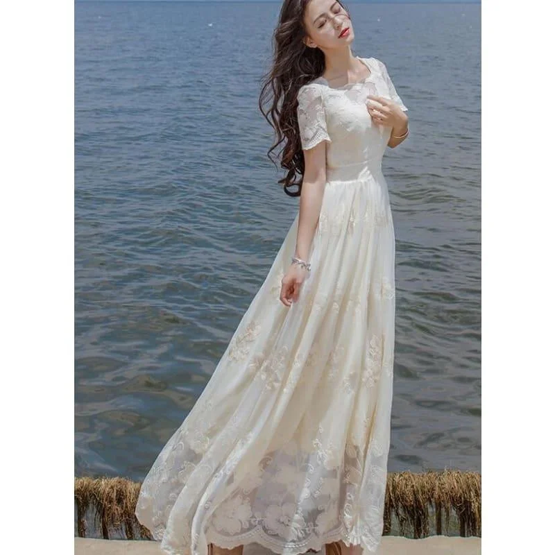 High Quality Stylish Short Sleeve Flower Embroidery A Patterned  Lace Long Maxi Dress