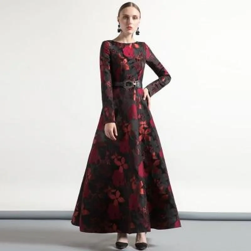 Jacquard Elegant Vintage Long Sleeve Long Formal Maxi Dress