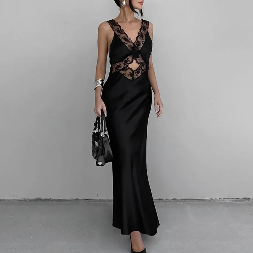 Lace Slim Maxi Dresses For Women Deep V Neck Sexy High Waist Maxi Dress