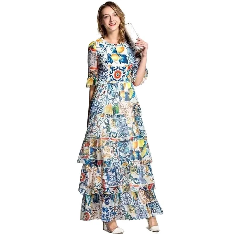 Luxury Half Flare Sleeve Fashion Patchwork Print Porcelain Romantic Sexy Maxi Dress