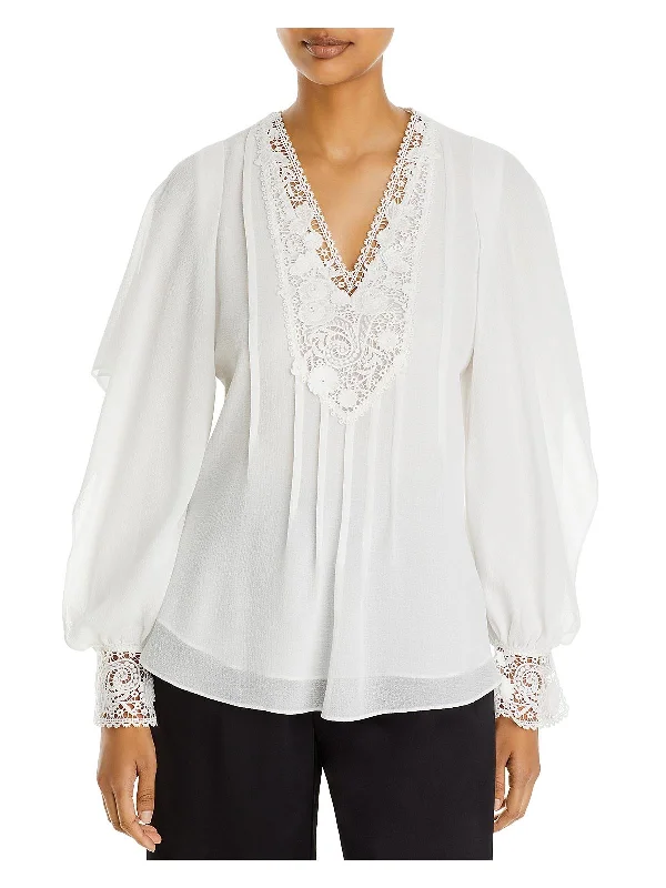 Melanie Womens Lace Trim V-Neck Blouse