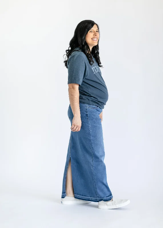 Morgan Maternity Distressed Raw Hem Long Denim Skirt