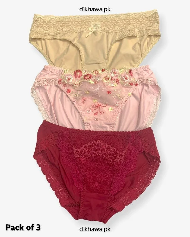 Pack of 3 Imported Stocklot Branded Net Panty With Silk Mid Waist Hipster Panty With Lace Panty