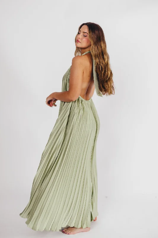 Maren Pleated Halter Maxi Dress in Sage - Bump Friendly (S-XL) Almost Sold Out!