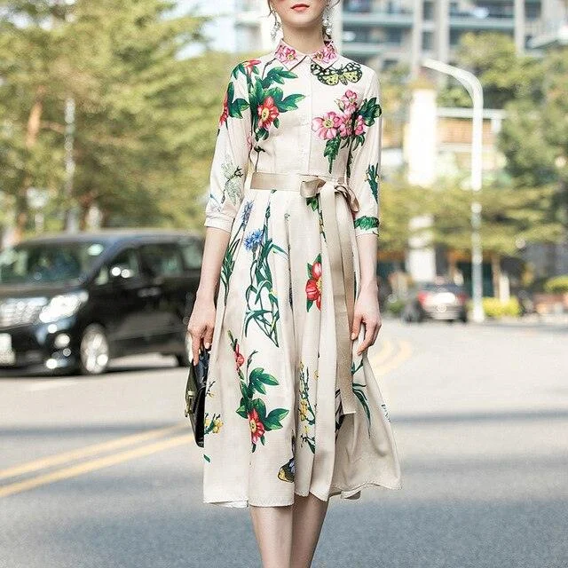 Print Bohemia Elegant Long Sleeve Single Breasted Dress