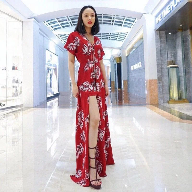 Red Flower Print V Neck Short Sleeve High Waist Side Split Sexy Summer Maxi Dress