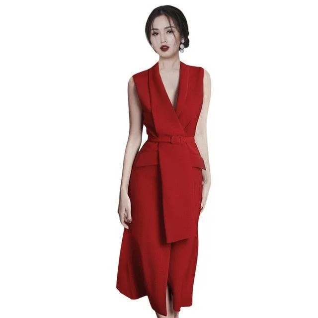 Red Sleeveless V-neck Belt Front Slit Blazer Dress