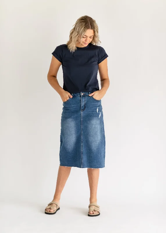 Remi Raw Hem Medium Wash Midi Skirt - FINAL SALE