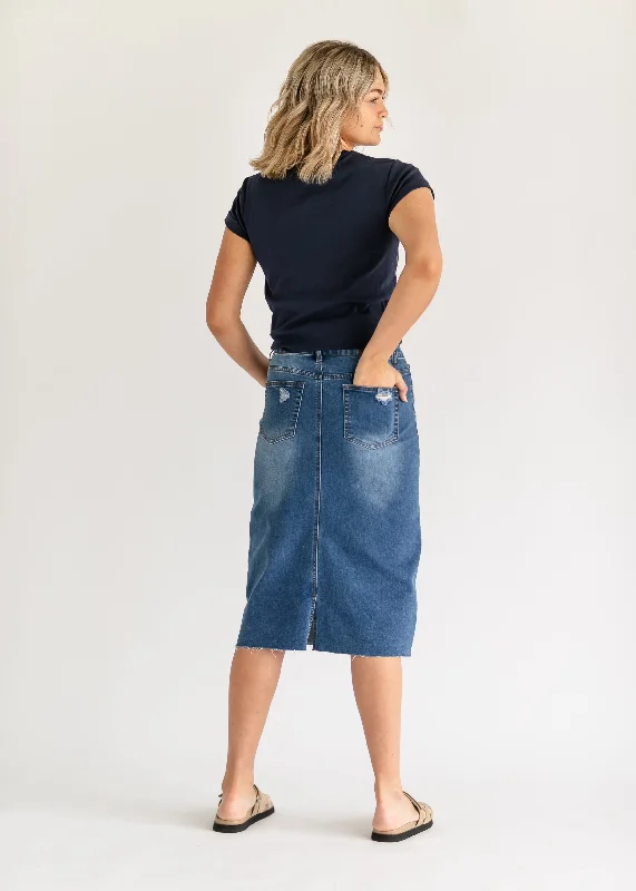 Remi Raw Hem Medium Wash Midi Skirt - FINAL SALE