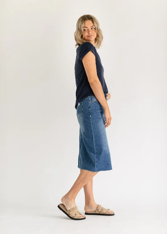 Remi Raw Hem Medium Wash Midi Skirt - FINAL SALE