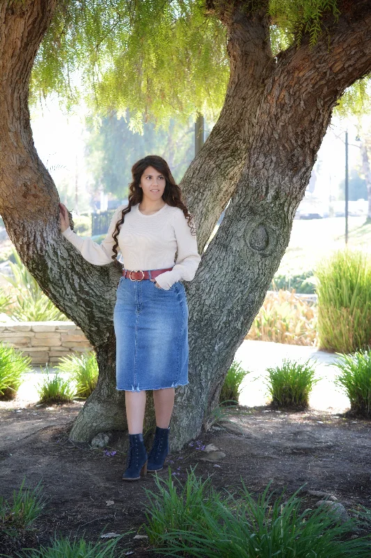 Rissa Blue Washed Denim Light Distressed Skirt