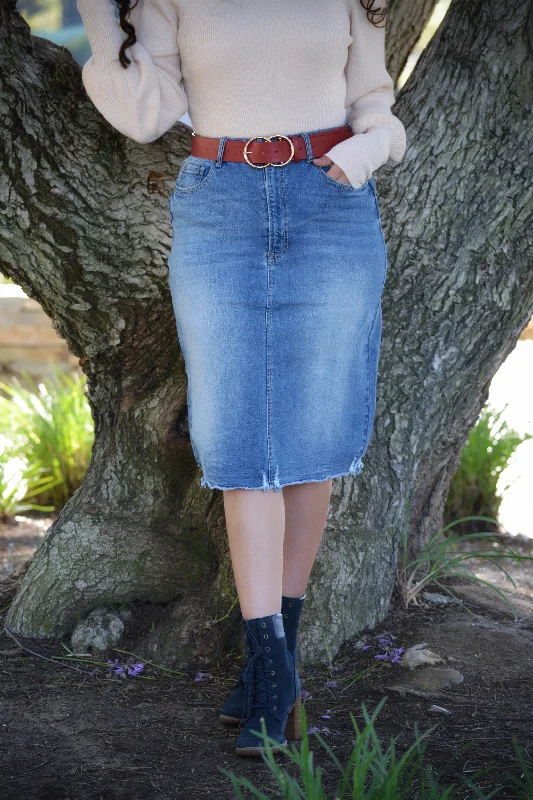 Rissa Blue Washed Denim Light Distressed Skirt