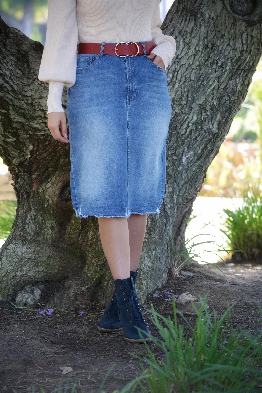 Rissa Blue Washed Denim Light Distressed Skirt