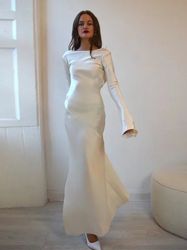 Satin Side Slit Dress Women Elegant Party Loose Backless Maxi Dress