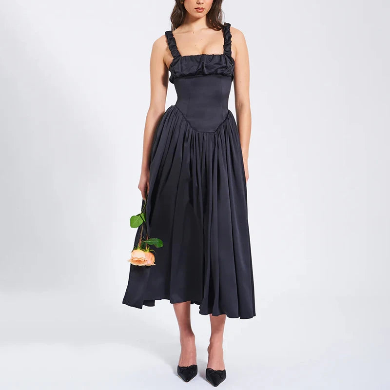 Satin Suspender Maxi Dress Women Ruched Splice Sexy Elegant Maxi Dress