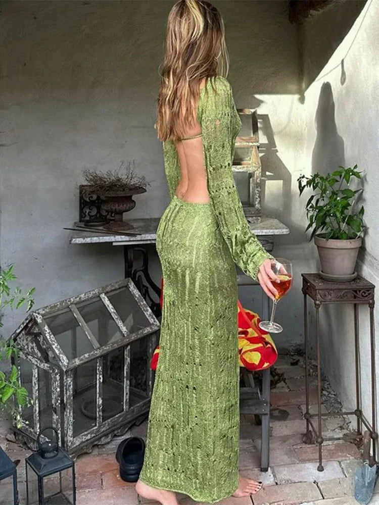 See Through Backless Sexy Dress Women Hollow Out Knitted Maxi Dress