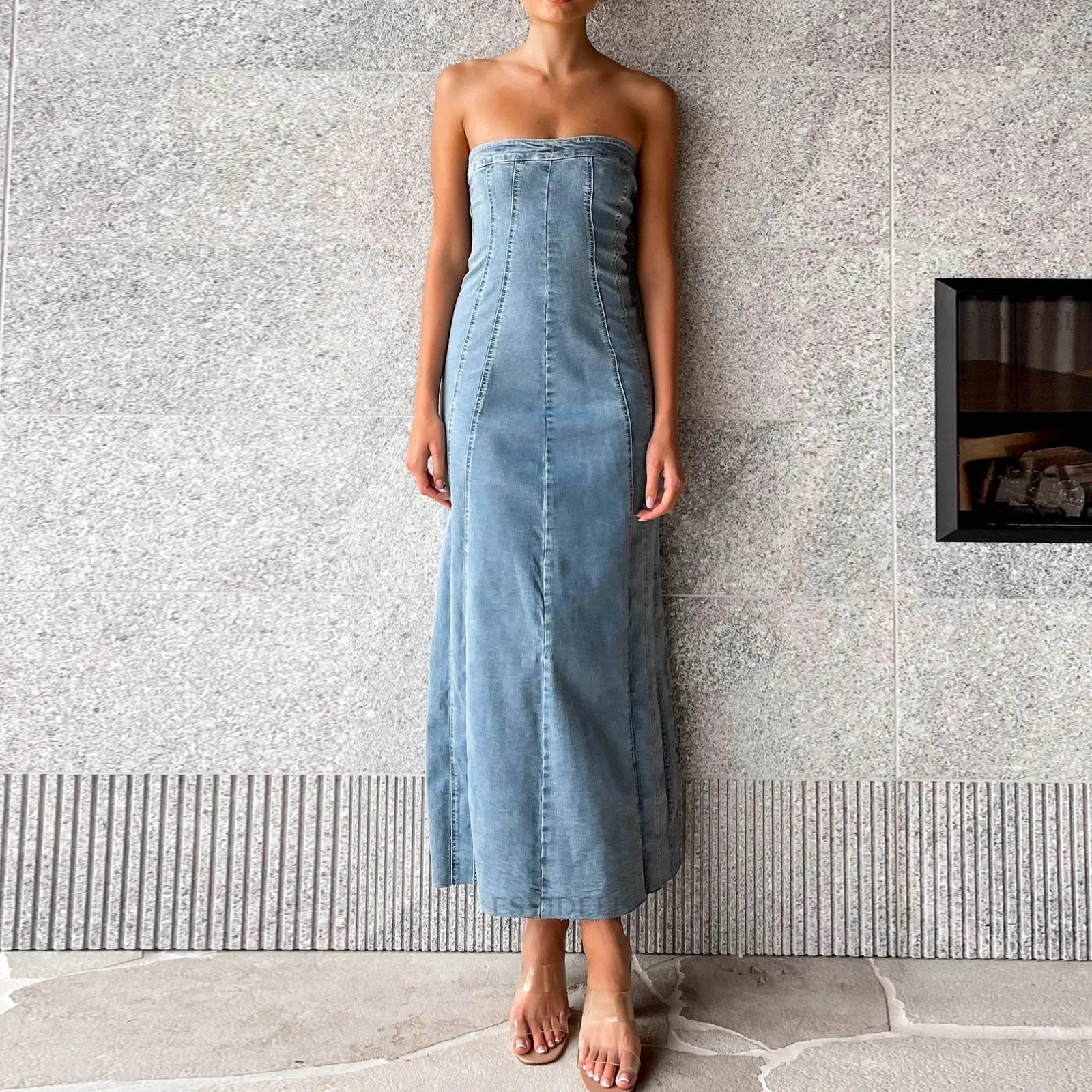 Side Slit Denim Bodycon Dress Women Slim Sleeveless Maxi Dress