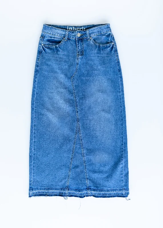 Stacy Raw Hem Long Denim Skirt