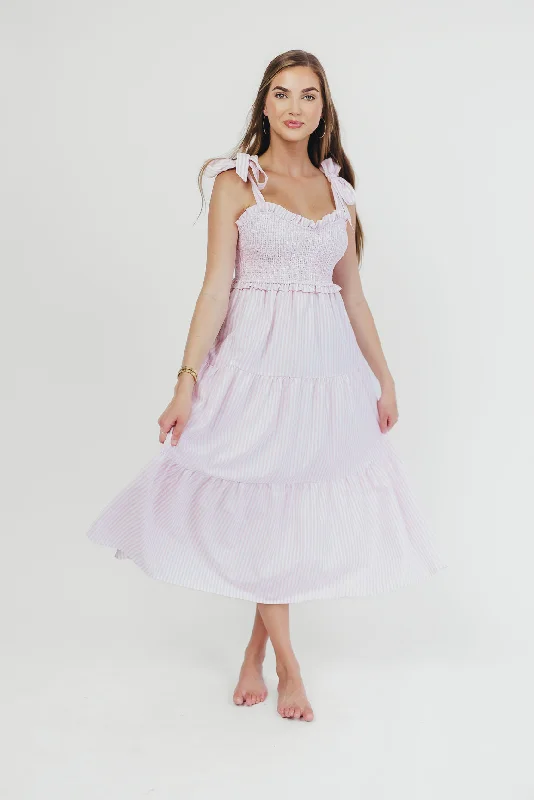 Lizzie Striped Midi Dress with Sweetheart Neckline and Ruffle Accents in Pink/White - Bump Friendly