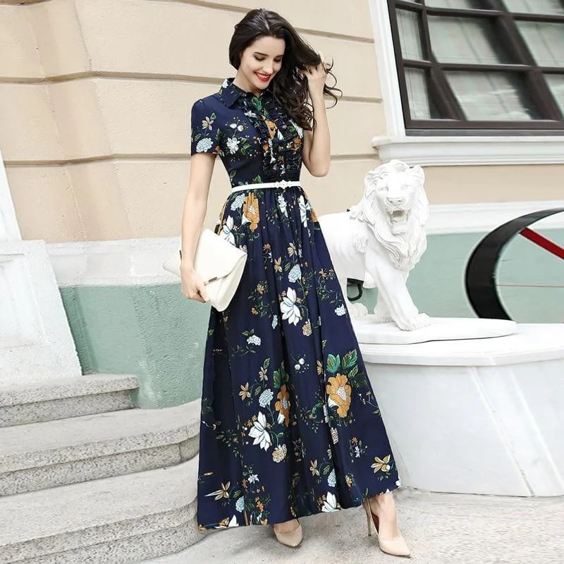 Summer Short sleeve A-line Ruffles Floral Print Long Maxi Dress