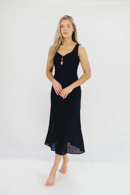 Nia Eyelet Midi Dress in Black