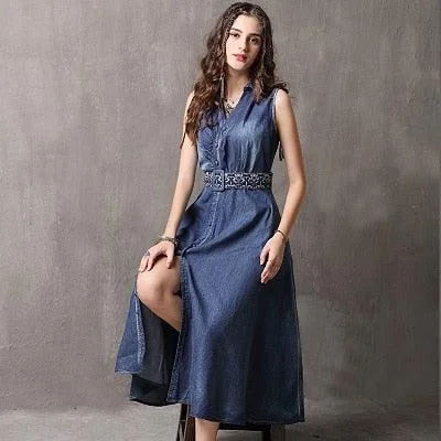 V-Neck A-Line Sleeveless Belted Single Breasted Denim Dress