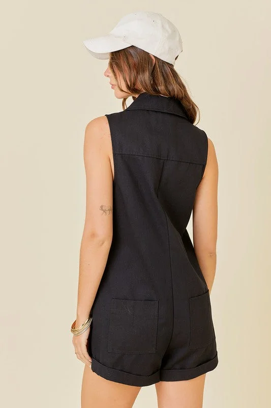 V-Neck Sleeveless Zipper Denim Romper