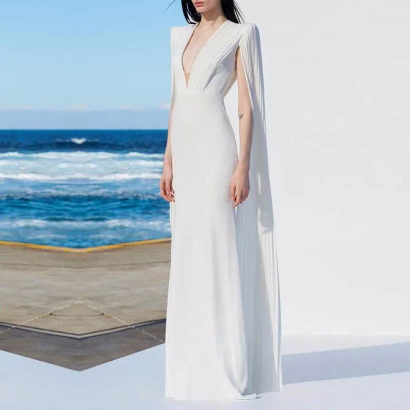 White Elegant Formal Bodycon Sexy Deep V Batwing Sleeve Ball Gown Maxi Dress