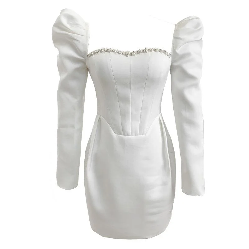 White Square Neck Puff Sleeve Party Mini Dress