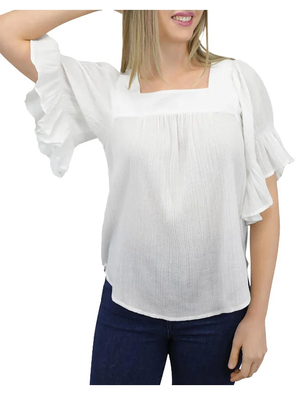 Womens Crinkle Gauze Square-Neck Pullover Top