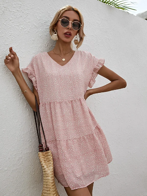 Chiffon Loose V Neck Short Sleeve Mini Dress