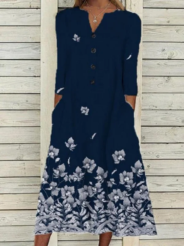 Women's Dresses Floral Print Button Pocket Long Sleeve Dress